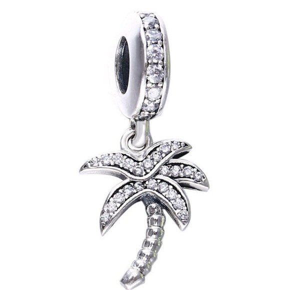 PANDORA Sparkling Palm Tree Silver Dangle Travel Charm with clear CZ, RETIRED - Picture 1 of 10